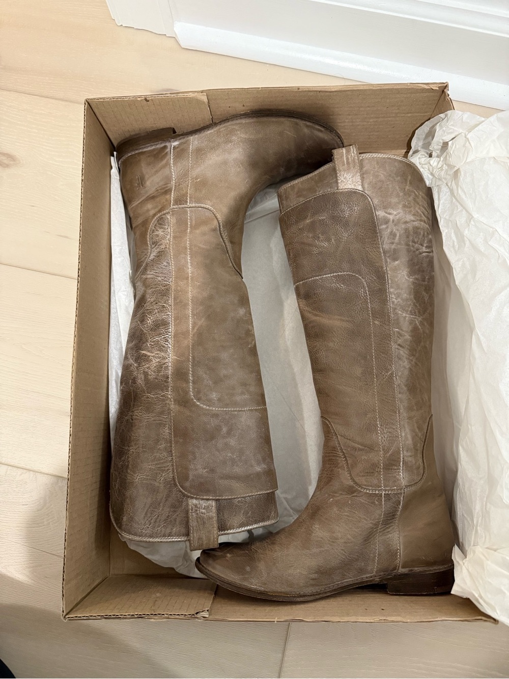 EUC Frye Paige Tall Burnished Leather Riding Boots grey/brown